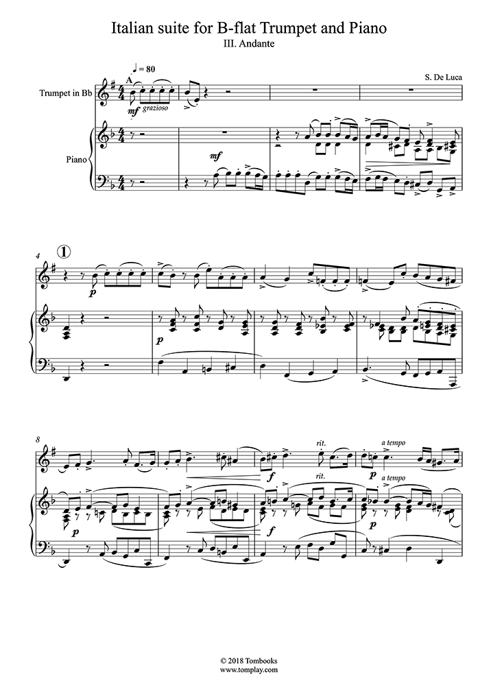 小号 Sheet Music 为小号和钢琴写的降B调意大利组曲 III. 行板 (Luca)